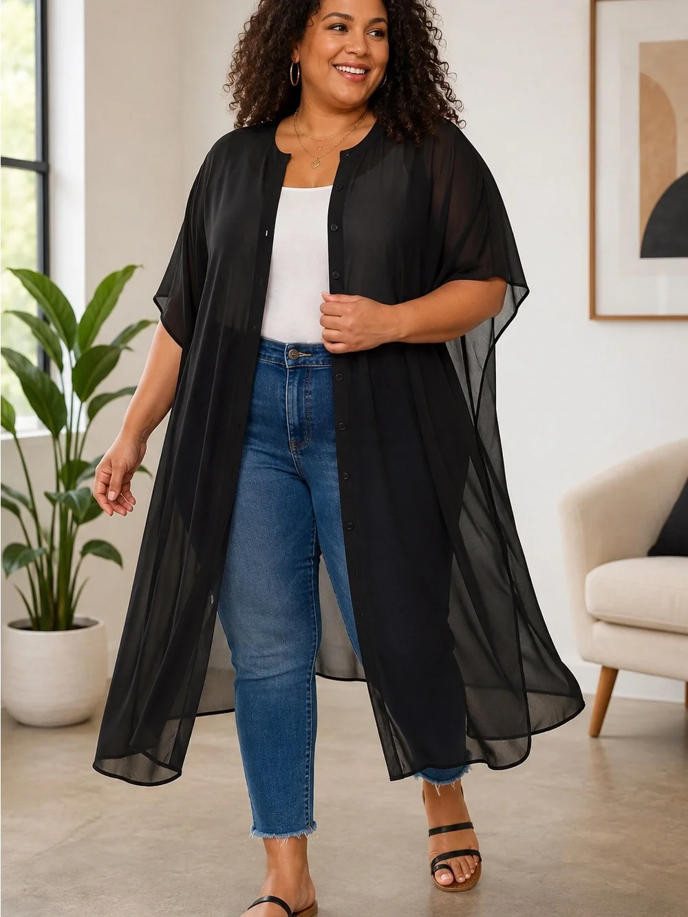 NWT Torrid Chiffon Button Front Dolman Kimono Duster Black Size 0 Large 12